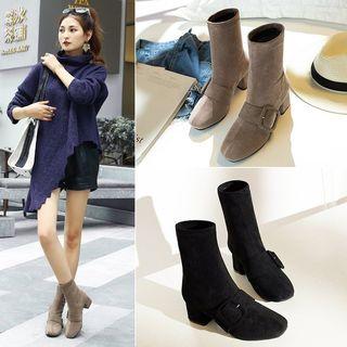 Faux Suede Buckled Block Heel Mid-calf Boots