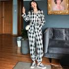 Plaid Long-sleeve Jogger Jumpsuit As Shown In Figure - One Size