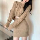Set: Round-neck Cable Knit Crop Sweater + High Waist Mini Skirt