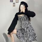 Set: Zebra Print Spaghetti Strap A-line Dress + Long Sleeve Cropped Top