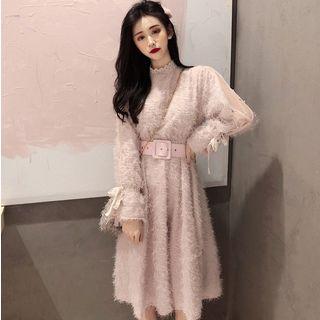 Mesh-panel Furry A-line Dress With Belt