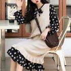 Floral Lace-up Chiffon Long-sleeve Dress / Plain Ruffled-trim Knit Dress
