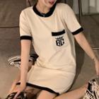Short-sleeve Lettering Mini T-shirt Dress Almond - One Size