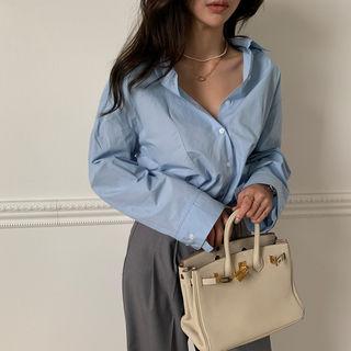 Asymmetric-cuff Cotton Shirt Sky Blue - One Size