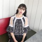 Cut Out 3/4-sleeve Floral Chiffon Top