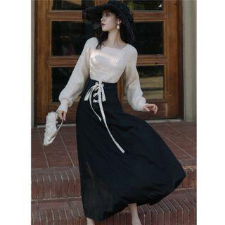 Set: Square-neck Sweater + Midi A-line Skirt