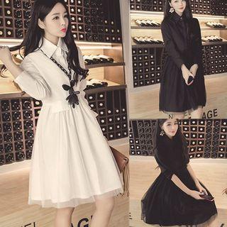 Long-sleeve Mesh Panel Shirtdress