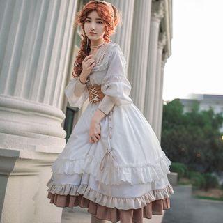Set: Lantern-sleeve Lace Trim Midi A-line Dress + Lace Up Belt