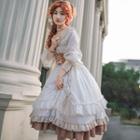 Set: Lantern-sleeve Lace Trim Midi A-line Dress + Lace Up Belt