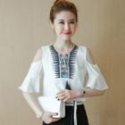 Embroidered Open Shoulder Elbow-sleeve Chiffon Top