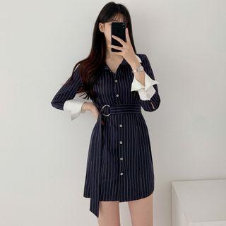 Long-sleeve Striped Mini Shirt Dress White Stripes - Dark Blue - One Size
