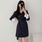 Long-sleeve Striped Mini Shirt Dress White Stripes - Dark Blue - One Size