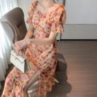 Square Neck Puff Sleeve Floral Print Sit Chiffon Dress