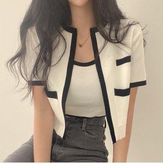 Set: Short-sleeve Two-tone Cardigan + Camisole Top