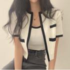 Set: Short-sleeve Two-tone Cardigan + Camisole Top