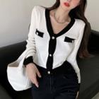 Contrast Trim Ribbed Cardigan White - One Size