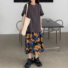 Elbow-sleeve T-shirt / Floral Print Midi A-line Dress