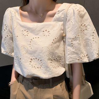 Set: Puff-sleeve Eyelet Blouse + Shorts