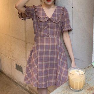 Frill Trim Short Sleeve Plaid A-line Dress