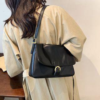 Faux Leather Buckled Flap Shoulder Bag