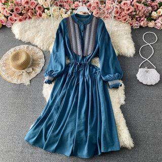 Round Neck Embroidered Tie-waist Dress