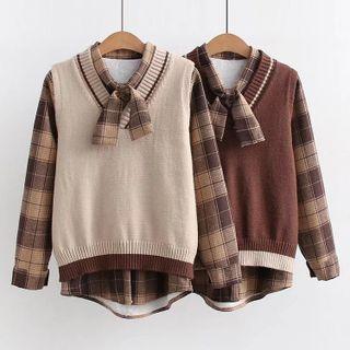 Set: Fleece Lined Gingham Shirt + Knit Vest