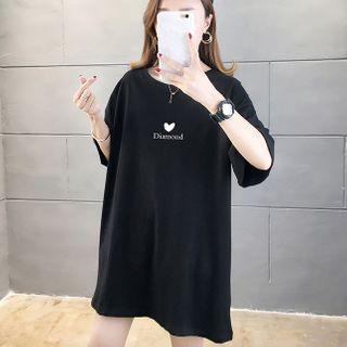 Heart Print Oversize Elbow-sleeve T-shirt