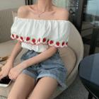Off-shoulder Strawberry Embroidered Crop Top White - One Size