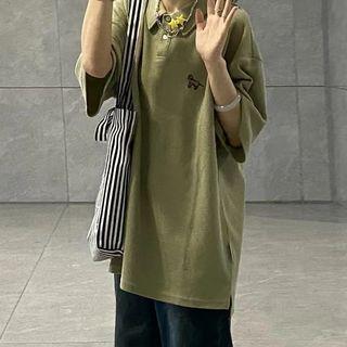 Short-sleeve Collar Dog Embroidered T-shirt Green - One Size