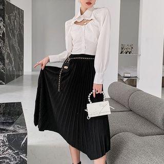 Irregular Pleated Midi A-line Skirt / Cutout Shirt