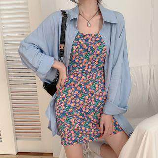 Plain Shirt / Spaghetti Strap Flower Print Mini Sheath Dress