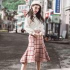 Set: Loose-fit Knit Top + Check A-line Skirt