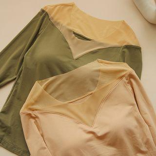 Long-sleeve Mesh Panel Padded Top