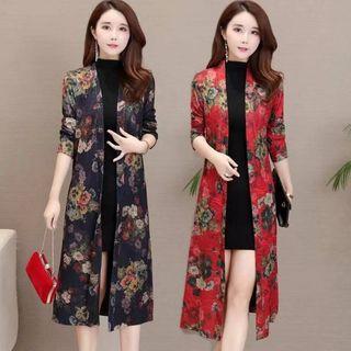 Floral Print Open Front Long Jacket