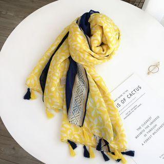 Tassel Print Scarf Navy Blue Trim - Yellow - One Size