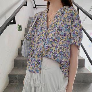 Floral Chiffon Short-sleeve Blouse As Shown In Figure - One Size