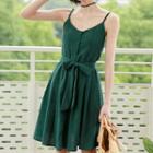 Buttoned Spaghetti-strap Dress With Sash Green - One Size