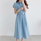 Half-placket Denim Dress With Belt Light Blue - One Size