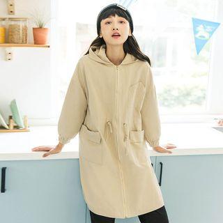 Hooded Drawstring Waist Zip Trench Coat