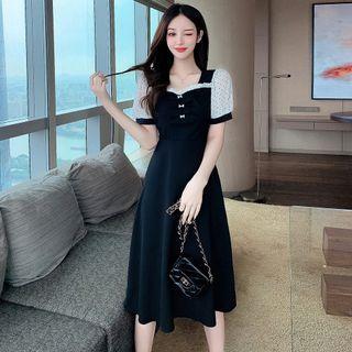 Short-sleeve Dotted Frill Trim Midi A-line Dress
