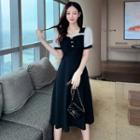 Short-sleeve Dotted Frill Trim Midi A-line Dress