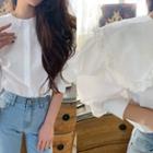 Balloon-sleeve Lace-neck Blouse White - One Size