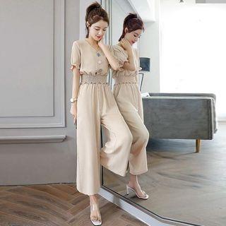 Set: Elbow-sleeve Frill Trim Buttoned Top + Wide-leg Pants