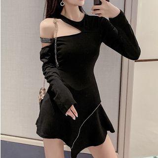 Set: Rhinestone Cold Shoulder Long-sleeve Mini A-line Dress + Shorts