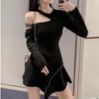 Set: Rhinestone Cold Shoulder Long-sleeve Mini A-line Dress + Shorts