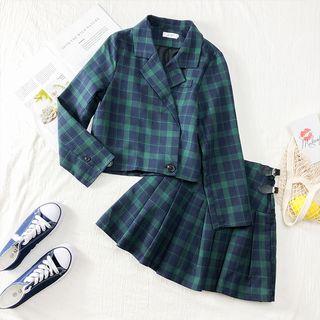 Set: Plaid Wrapped Blazer + Pleated Mini Skirt