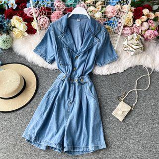 V-neck Denim Short-sleeve Playsuit