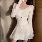 Set: Long-sleeve Mini T-shirt Dress + Lace High-waist Mini A-line Skirt