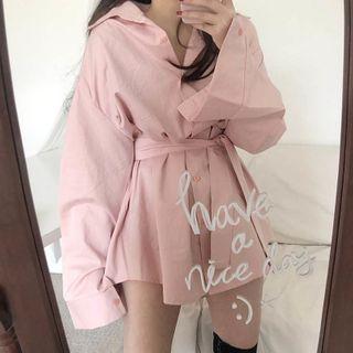 Plain Long-sleeve Mini Shirtdress With Sash Pink - One Size