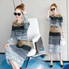Set: Long-sleeve Color Block Knit Top + Midi Skirt